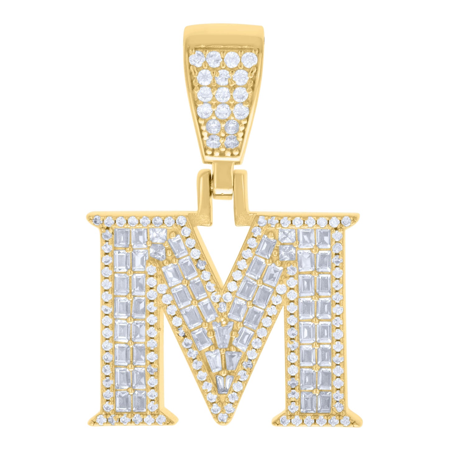 Sterling Silver Unisex Baguette Round Cubic-Zirconia Initial Alphabet Charm Pendant