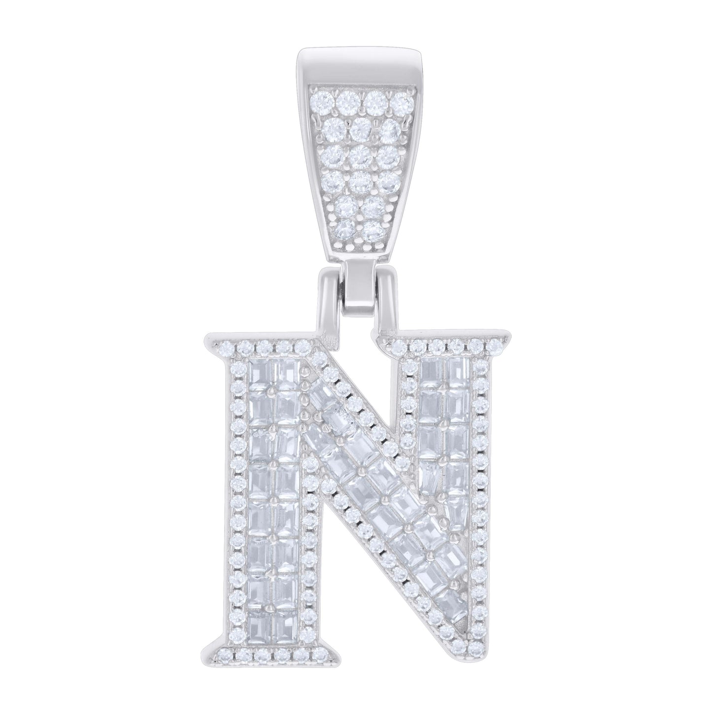 Sterling Silver Unisex Baguette Round Cubic-Zirconia Initial Alphabet Charm Pendant