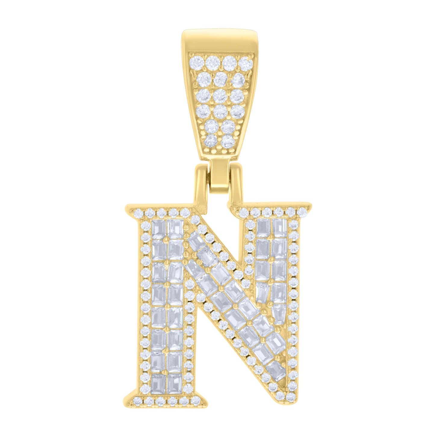 Sterling Silver Unisex Baguette Round Cubic-Zirconia Initial Alphabet Charm Pendant