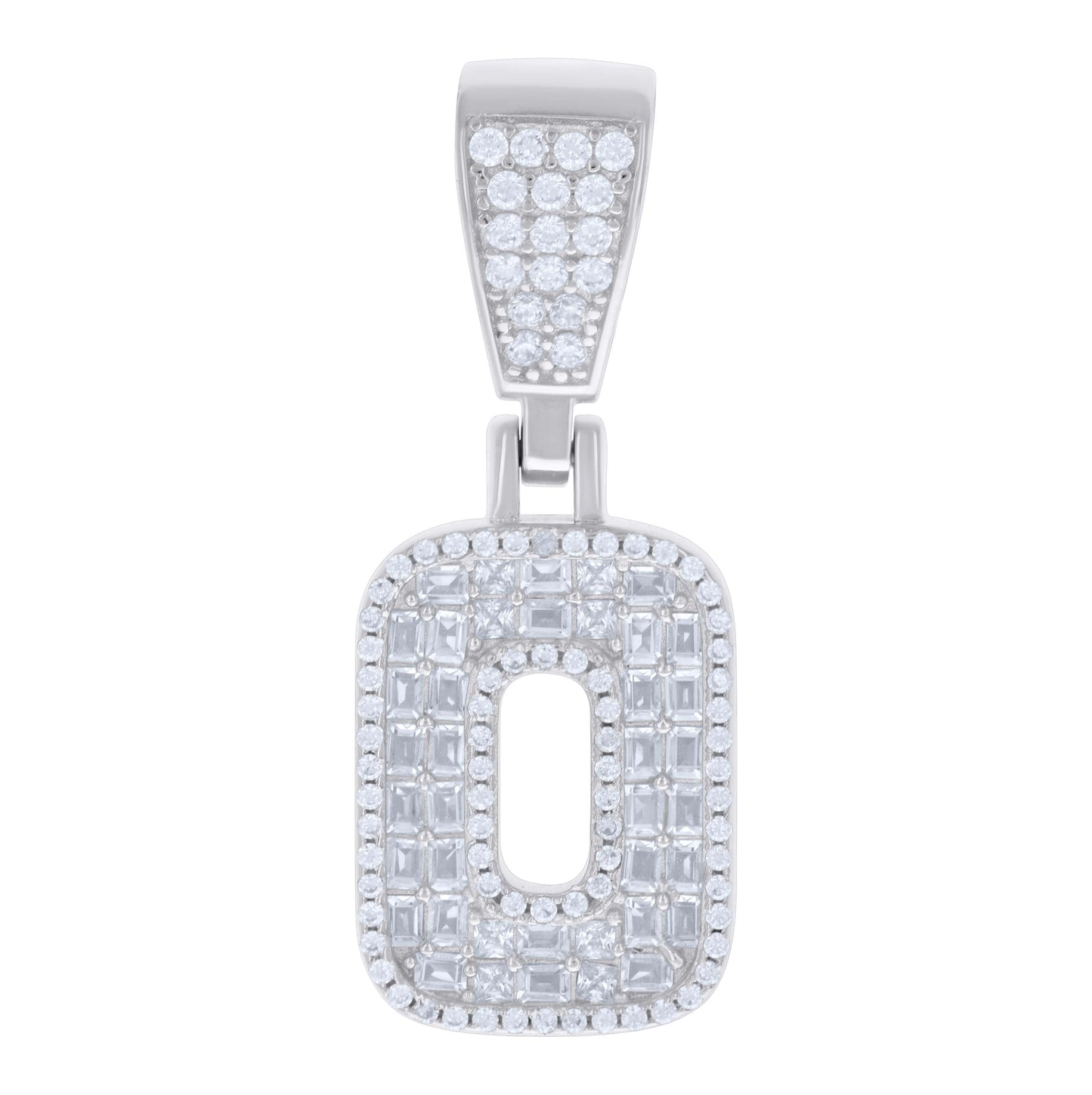 Sterling Silver Unisex Baguette Round Cubic-Zirconia Initial Alphabet Charm Pendant