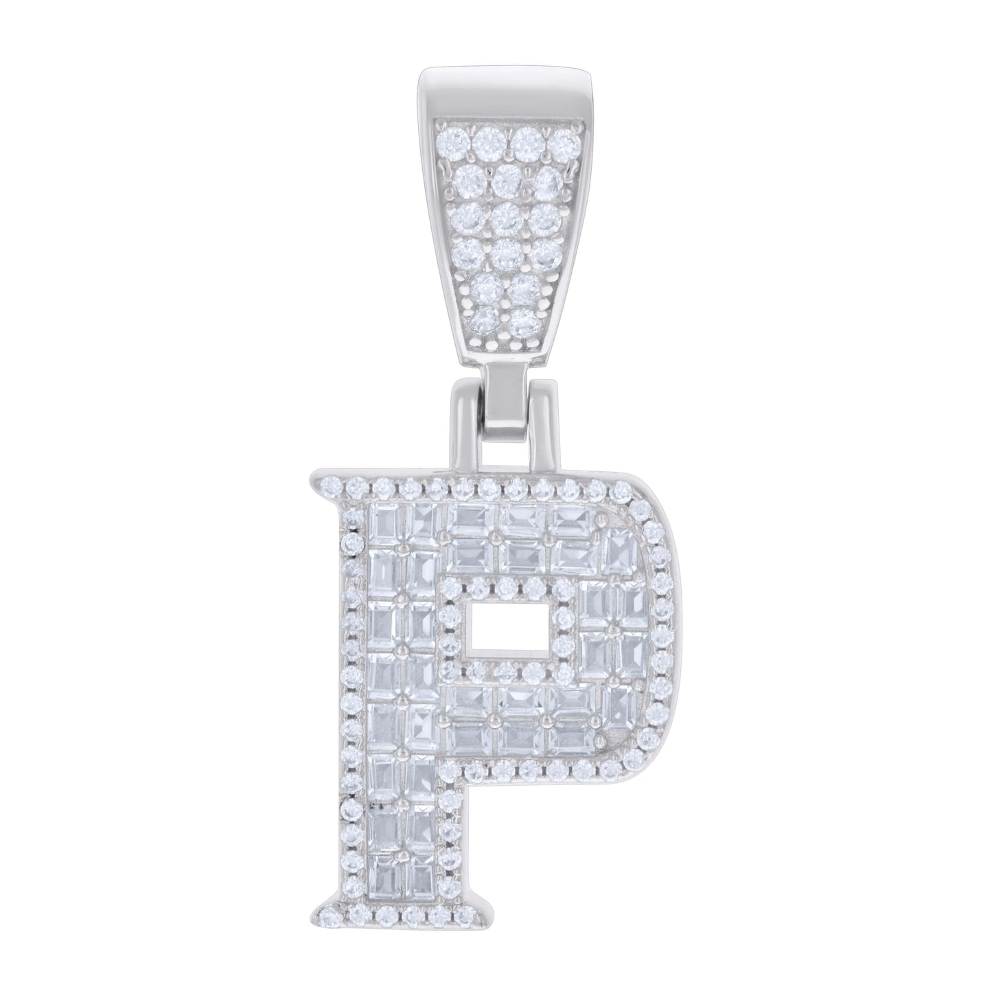 Sterling Silver Unisex Baguette Round Cubic-Zirconia Initial Alphabet Charm Pendant