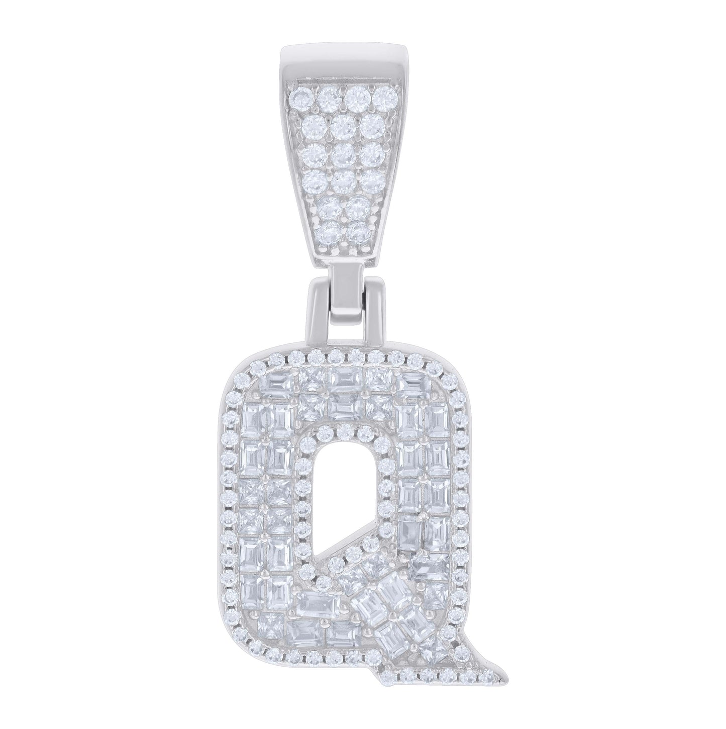 Sterling Silver Unisex Baguette Round Cubic-Zirconia Initial Alphabet Charm Pendant