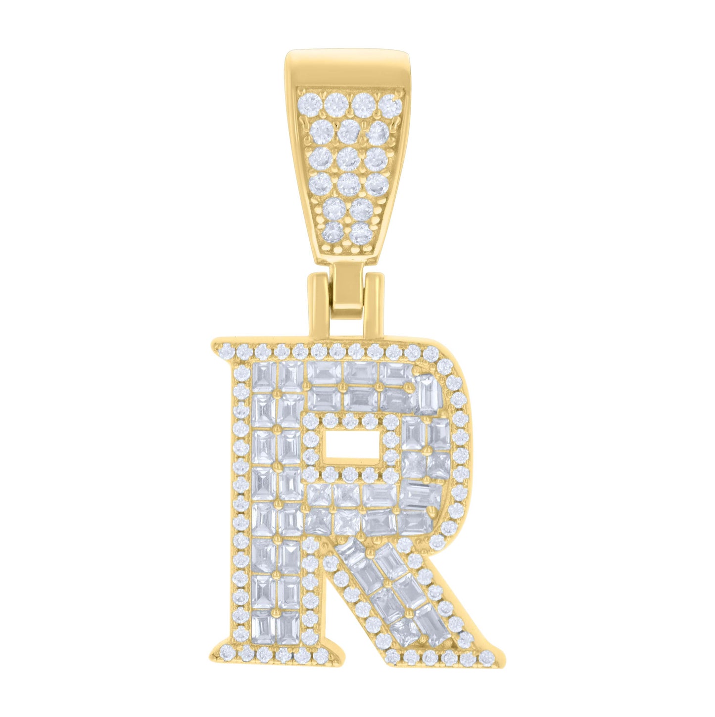 Sterling Silver Unisex Baguette Round Cubic-Zirconia Initial Alphabet Charm Pendant