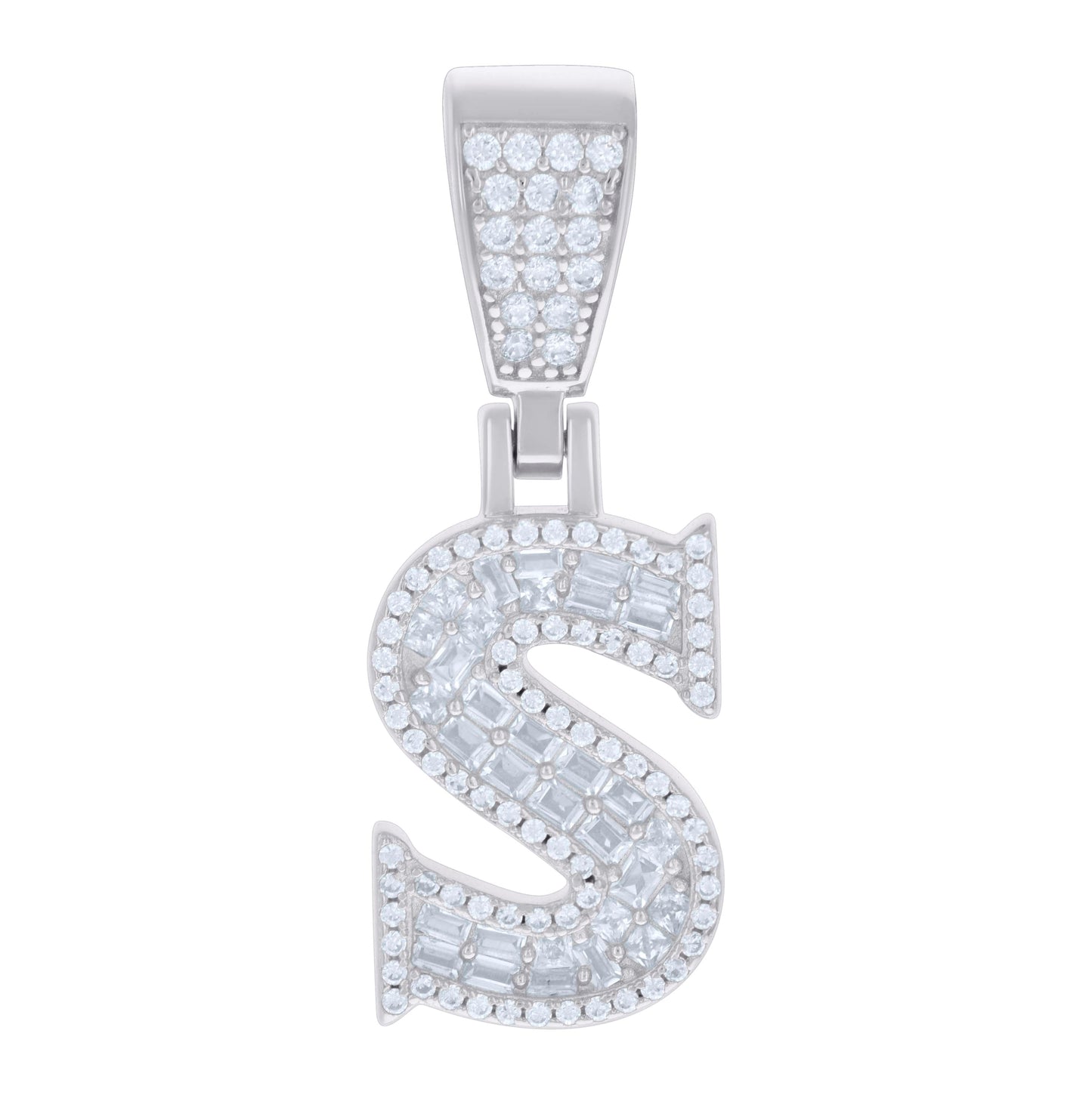 Sterling Silver Unisex Baguette Round Cubic-Zirconia Initial Alphabet Charm Pendant