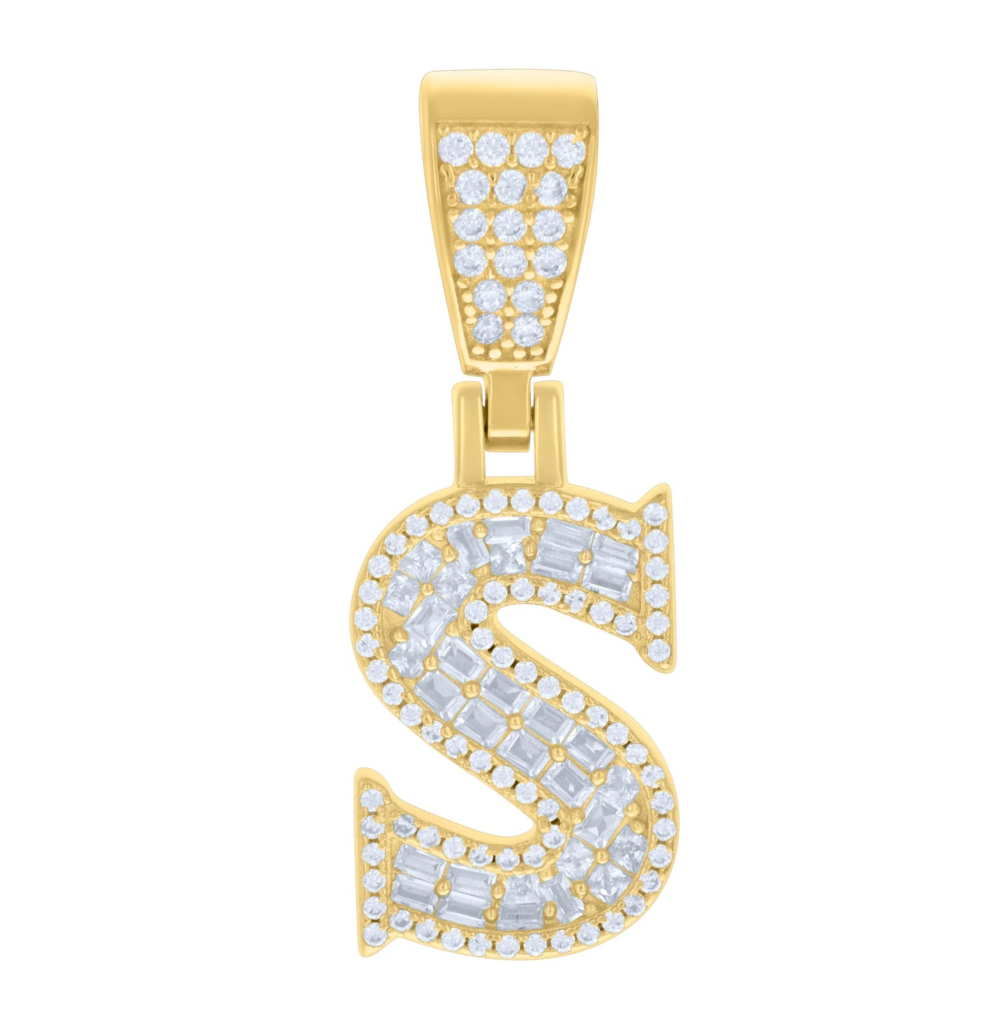 Sterling Silver Unisex Baguette Round Cubic-Zirconia Initial Alphabet Charm Pendant