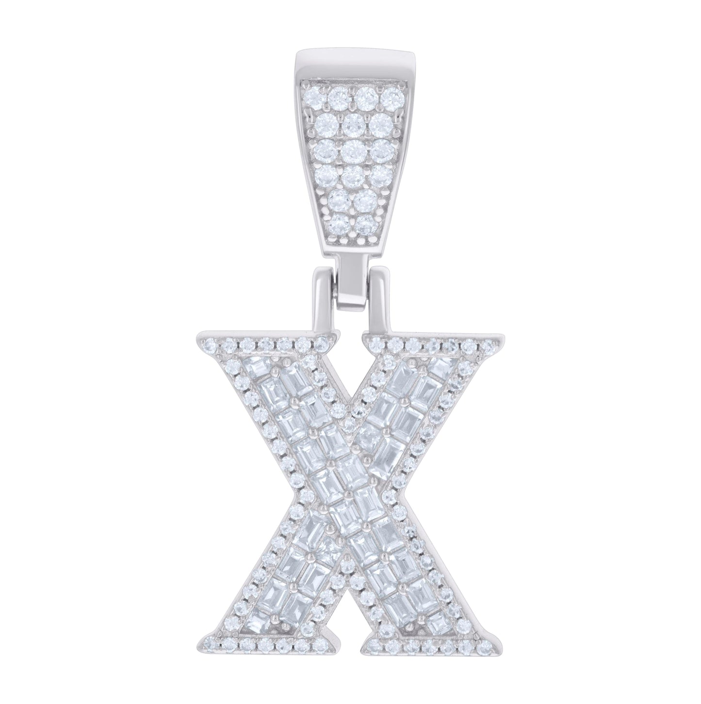 Sterling Silver Unisex Baguette Round Cubic-Zirconia Initial Alphabet Charm Pendant