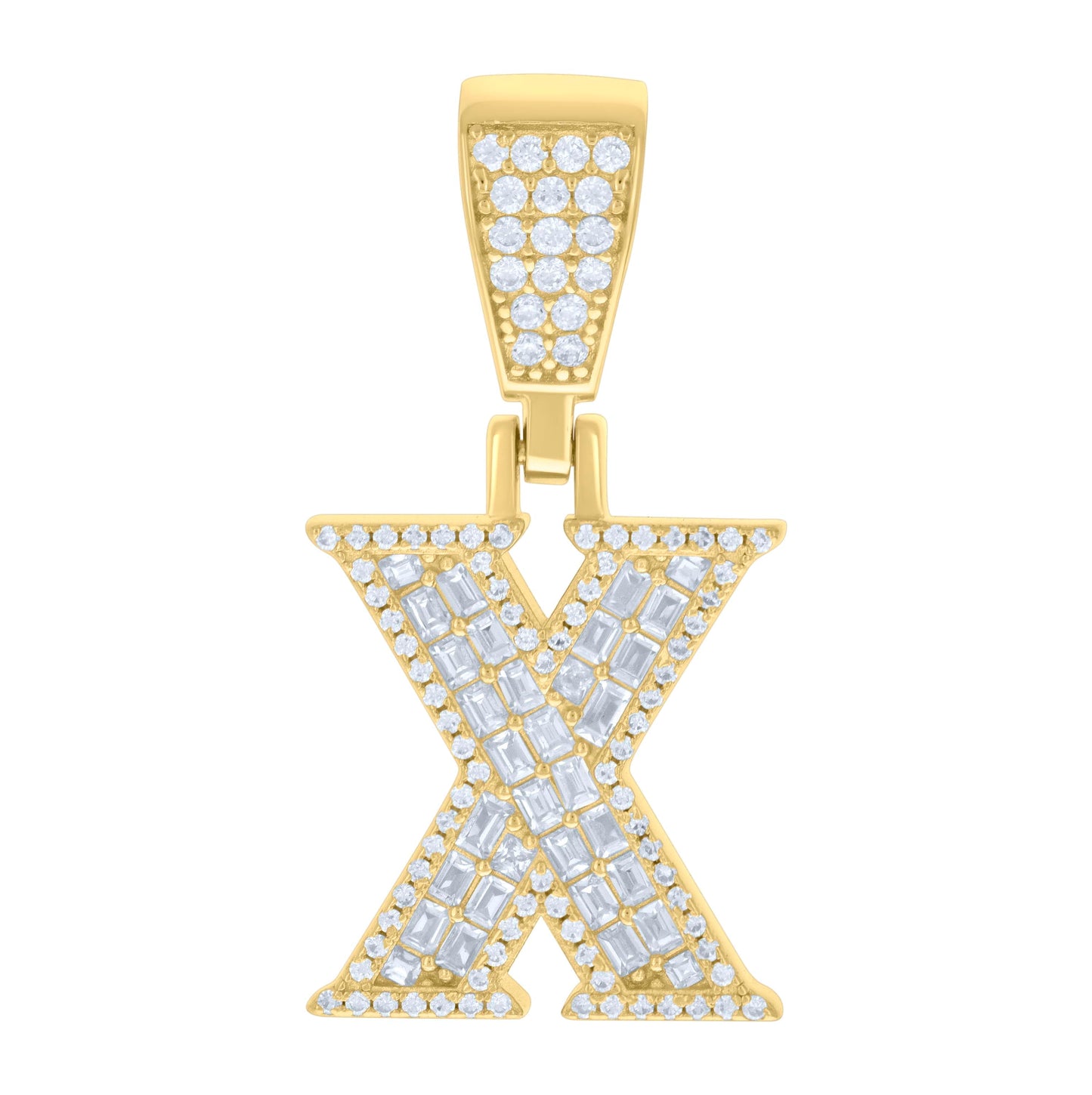 Sterling Silver Unisex Baguette Round Cubic-Zirconia Initial Alphabet Charm Pendant