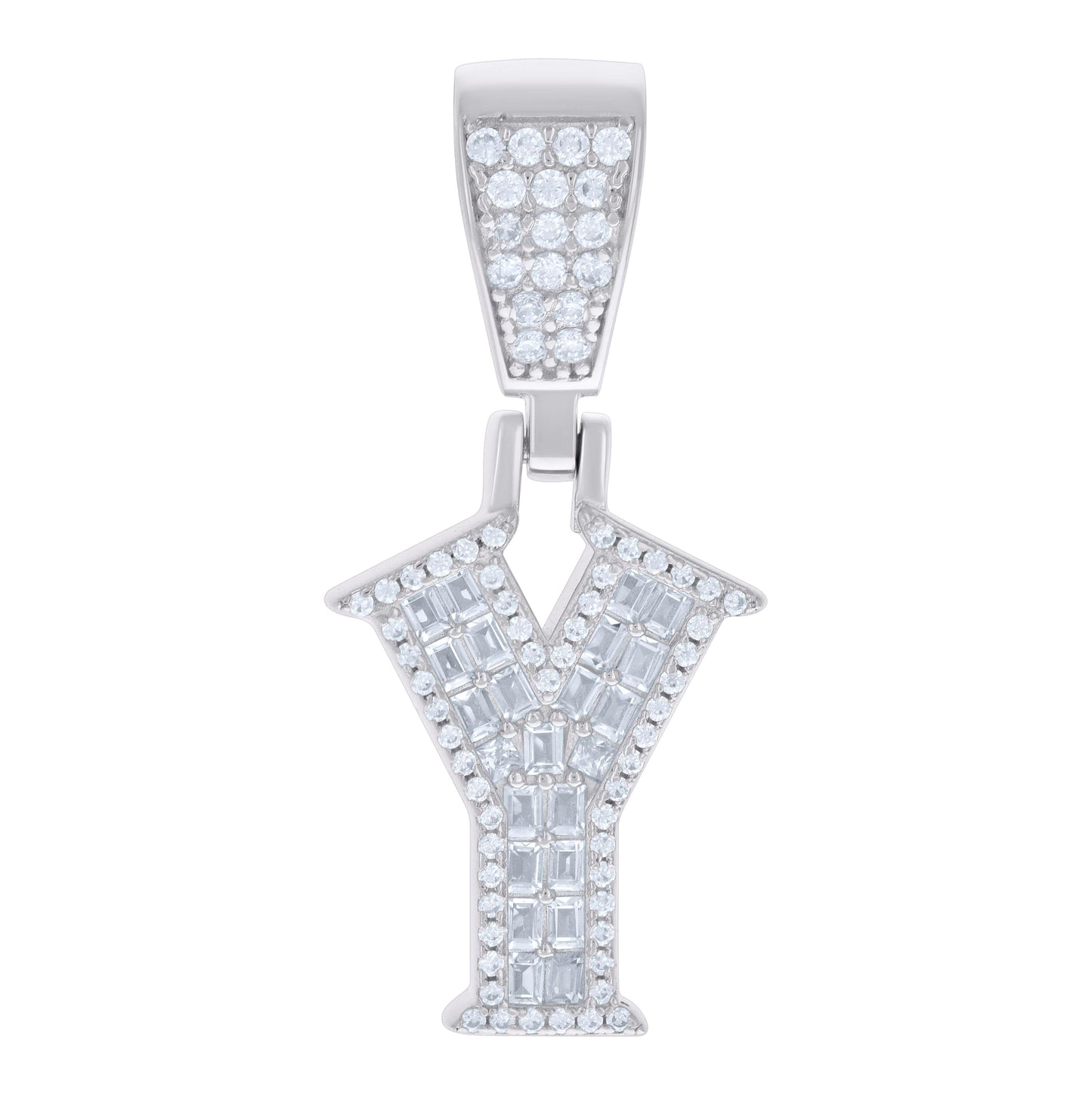 Sterling Silver Unisex Baguette Round Cubic-Zirconia Initial Alphabet Charm Pendant