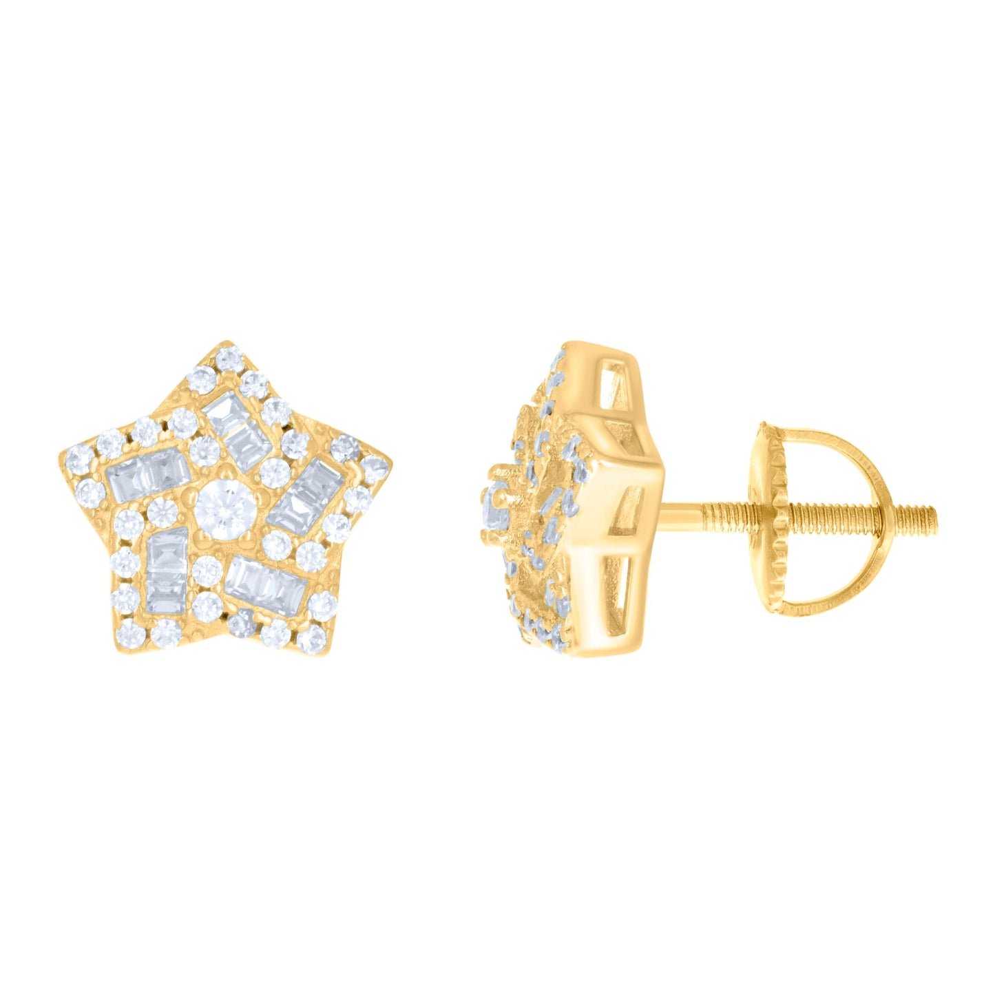 Sterling Silver Unisex Baguette Cubic-Zirconia Star Fashion Stud Earrings
