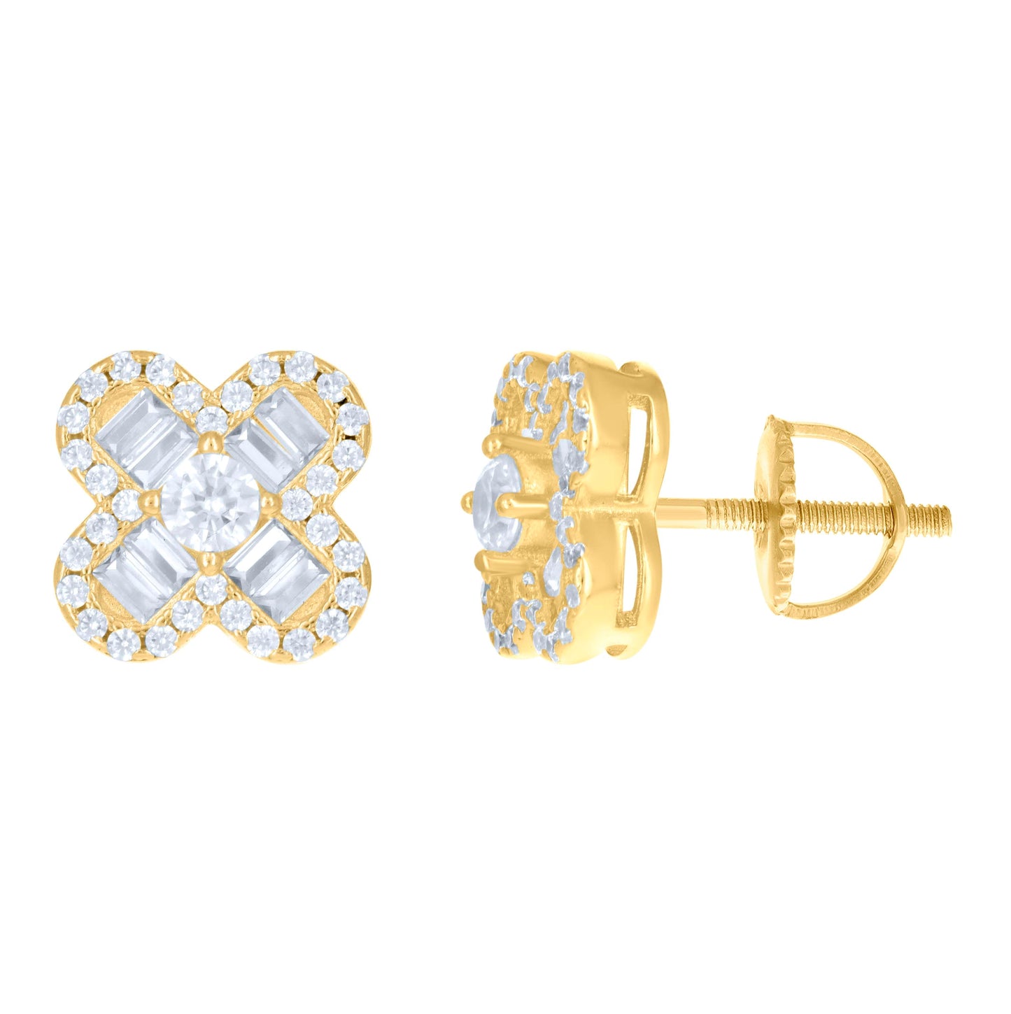Sterling Silver Unisex Baguette Cubic-Zirconia Flower Fashion Stud Earrings