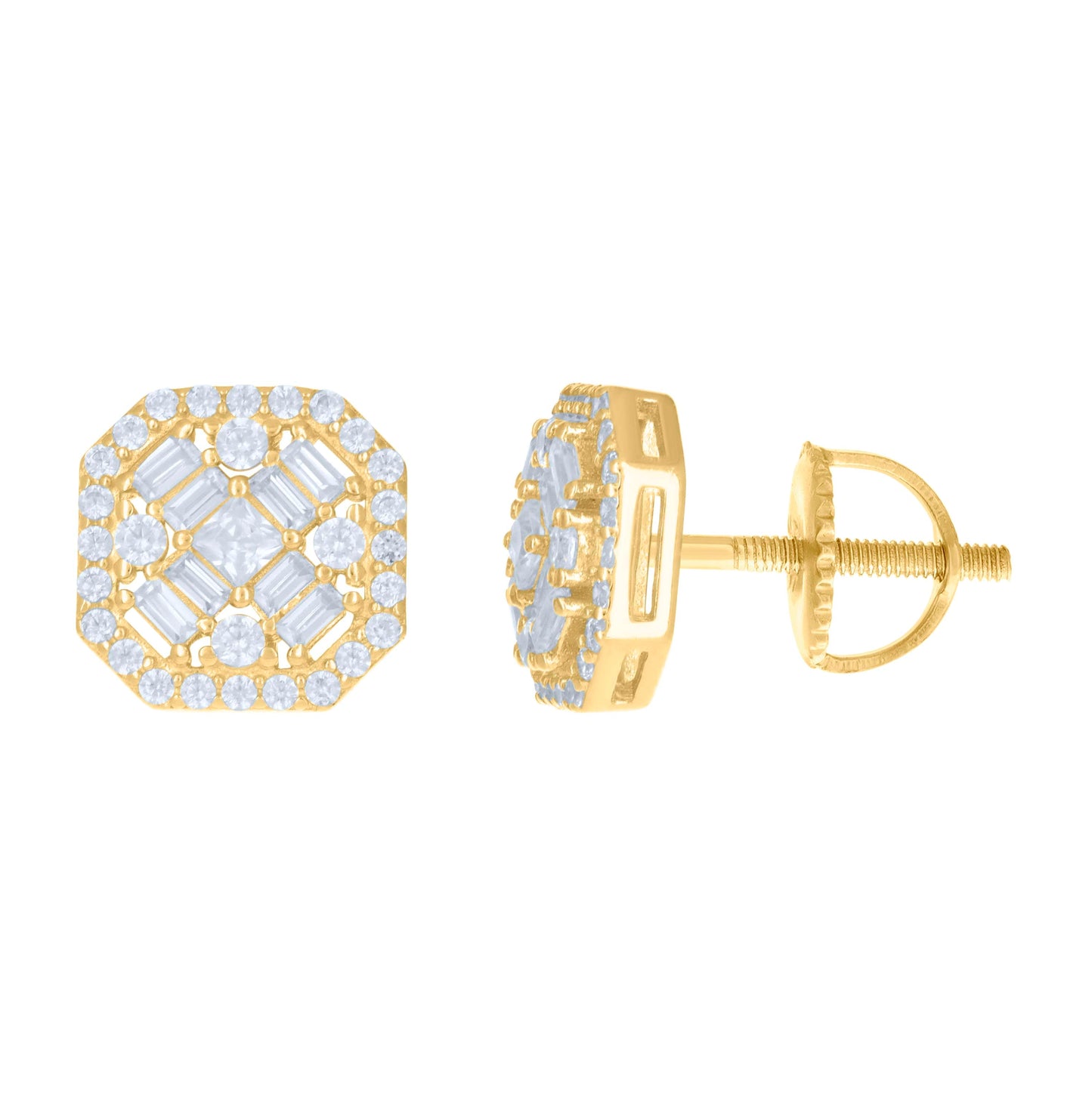 Sterling Silver Unisex Baguette Cubic-Zirconia Octagon Fashion Stud Earrings