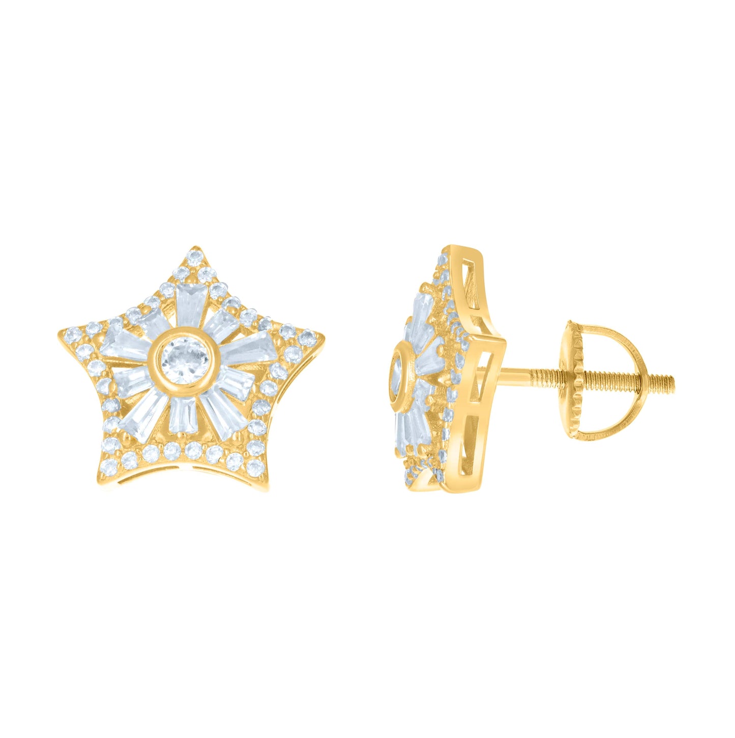 Sterling Silver Unisex Baguette Cubic-Zirconia Star Fashion Stud Earrings