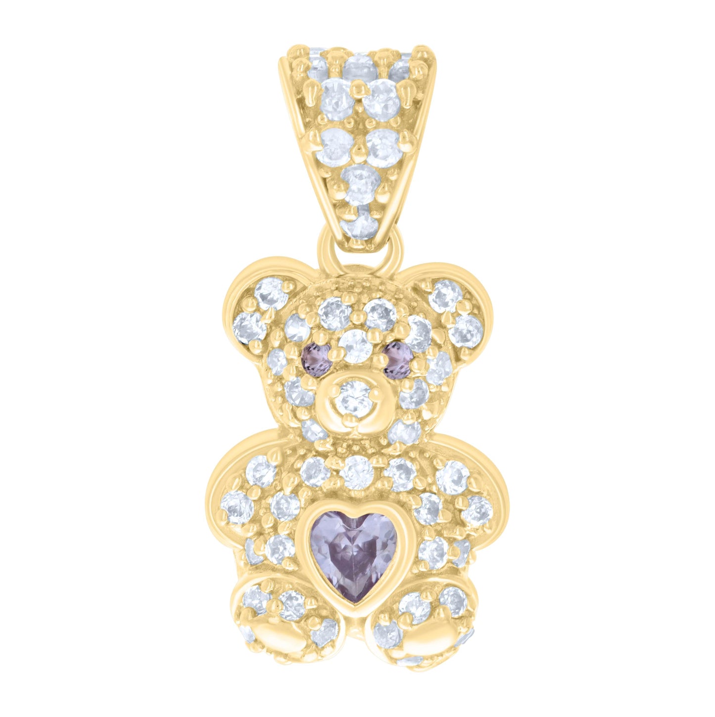 10K Yellow Gold Womens Heart Round Cubic-Zirconia Birthstone Teddy Bear Charm Pendant