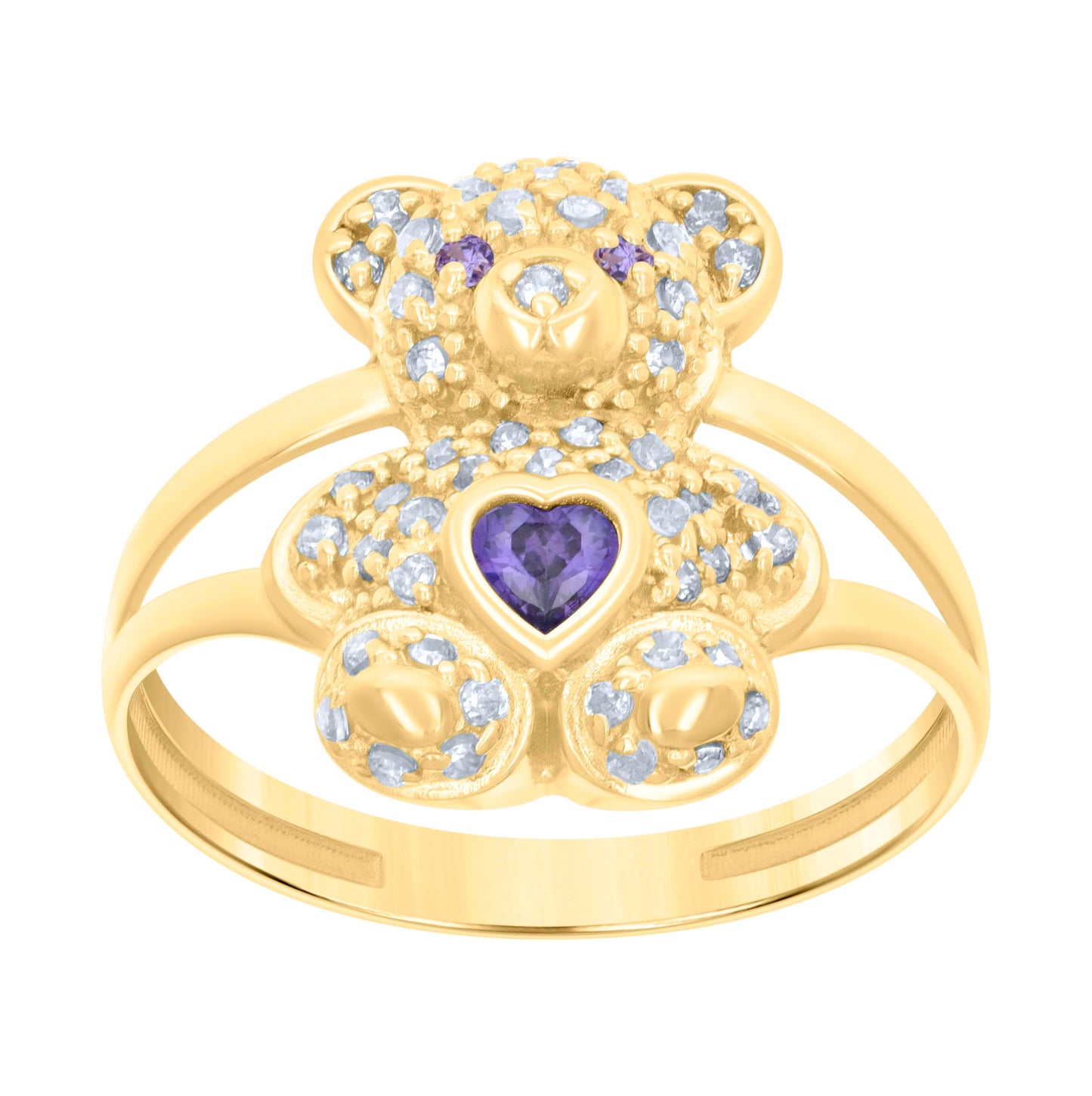 10K Yellow Gold Womens Heart Round Cubic-Zirconia Birthstone Teddy Bear Bridal Anniversary Engagement Wedding Ring
