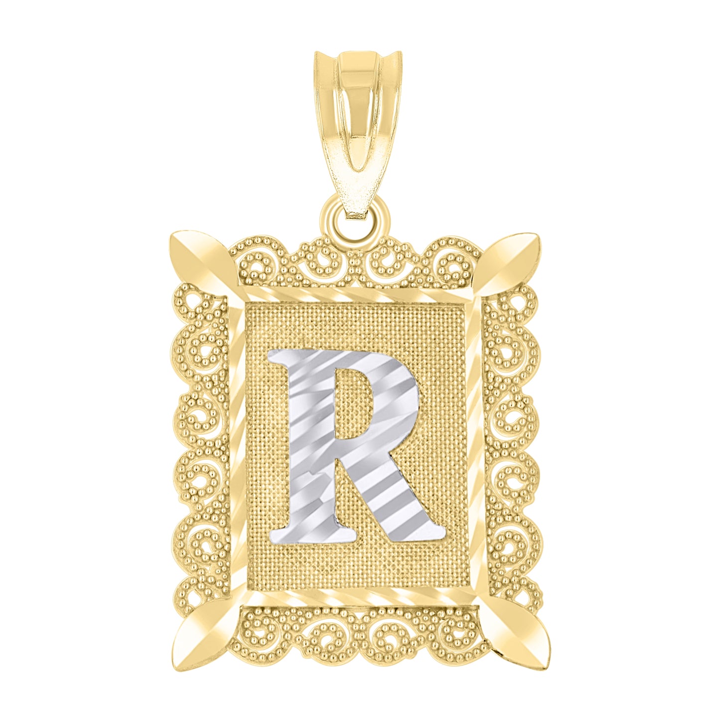 10K Two-Tone Gold Unisex Diamond-Cut Initial Charm Pendant