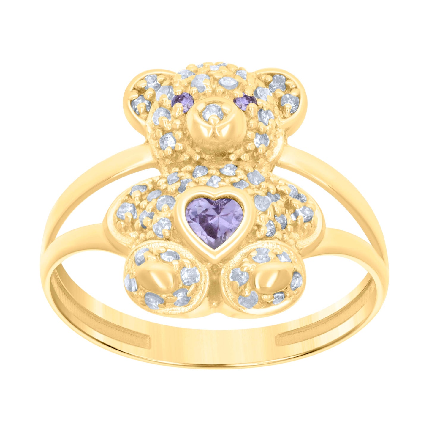 10K Yellow Gold Womens Heart Round Cubic-Zirconia Birthstone Teddy Bear Bridal Anniversary Engagement Wedding Ring