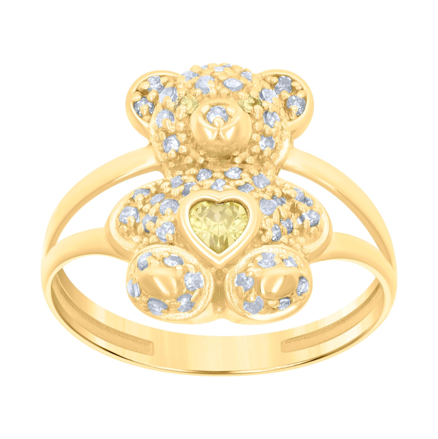 10K Yellow Gold Womens Heart Round Cubic-Zirconia Birthstone Teddy Bear Bridal Anniversary Engagement Wedding Ring