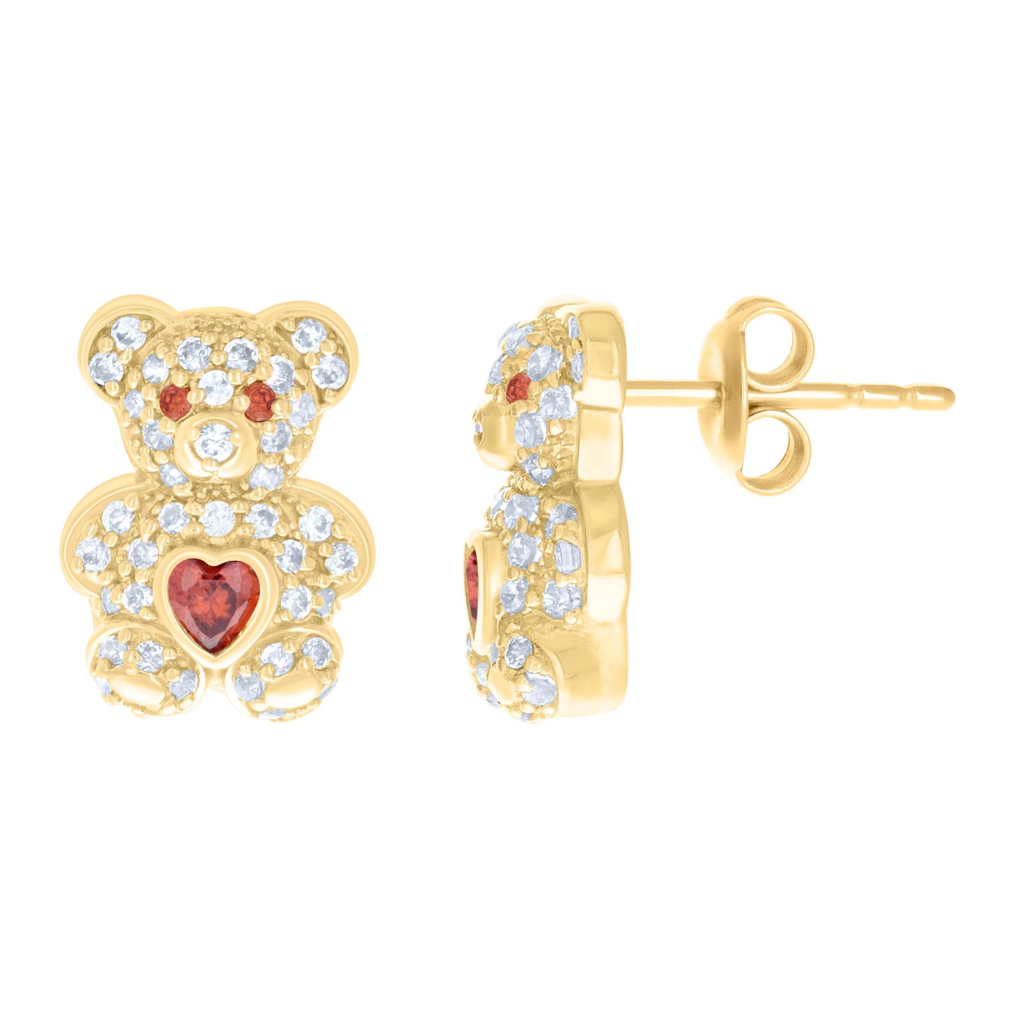 10K Yellow Gold Womens Heart Round Cubic-Zirconia Birthstone Teddy Bear Stud Earrings