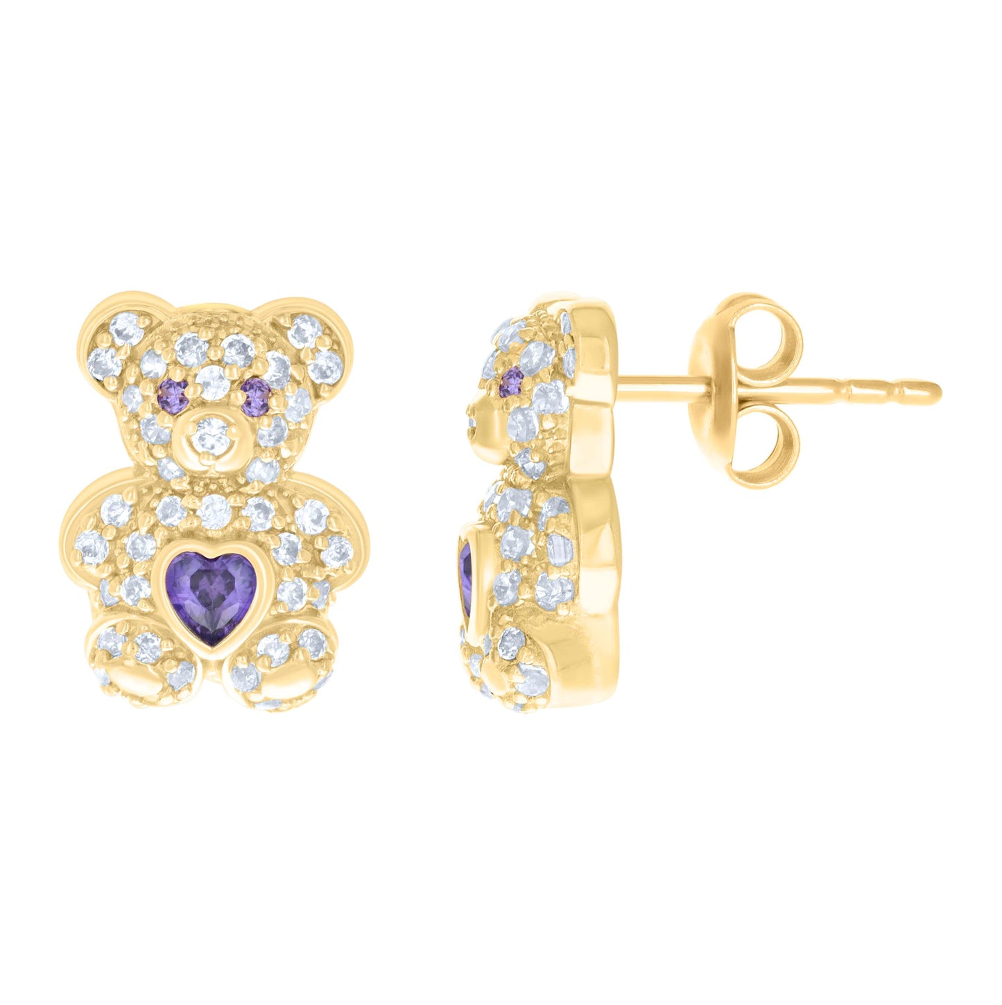 10K Yellow Gold Womens Heart Round Cubic-Zirconia Birthstone Teddy Bear Stud Earrings