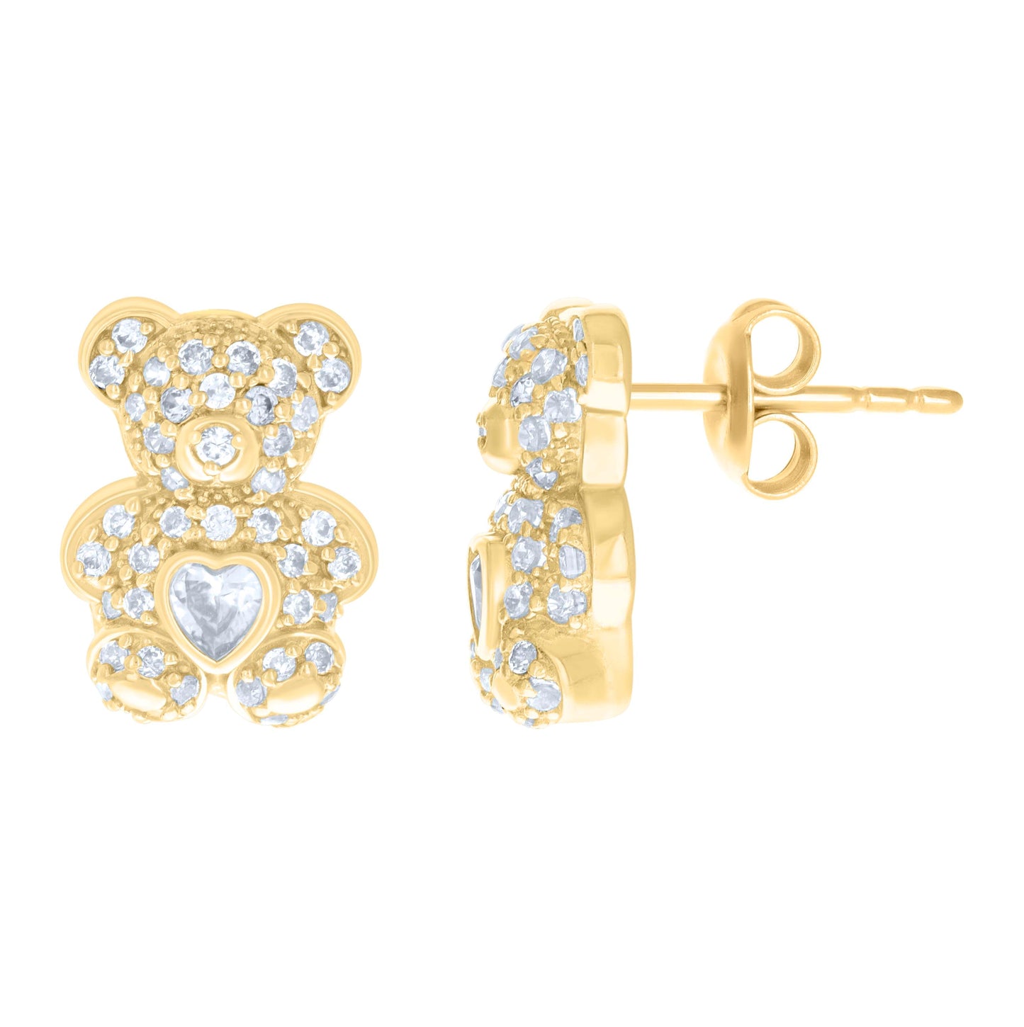 10K Yellow Gold Womens Heart Round Cubic-Zirconia Birthstone Teddy Bear Stud Earrings