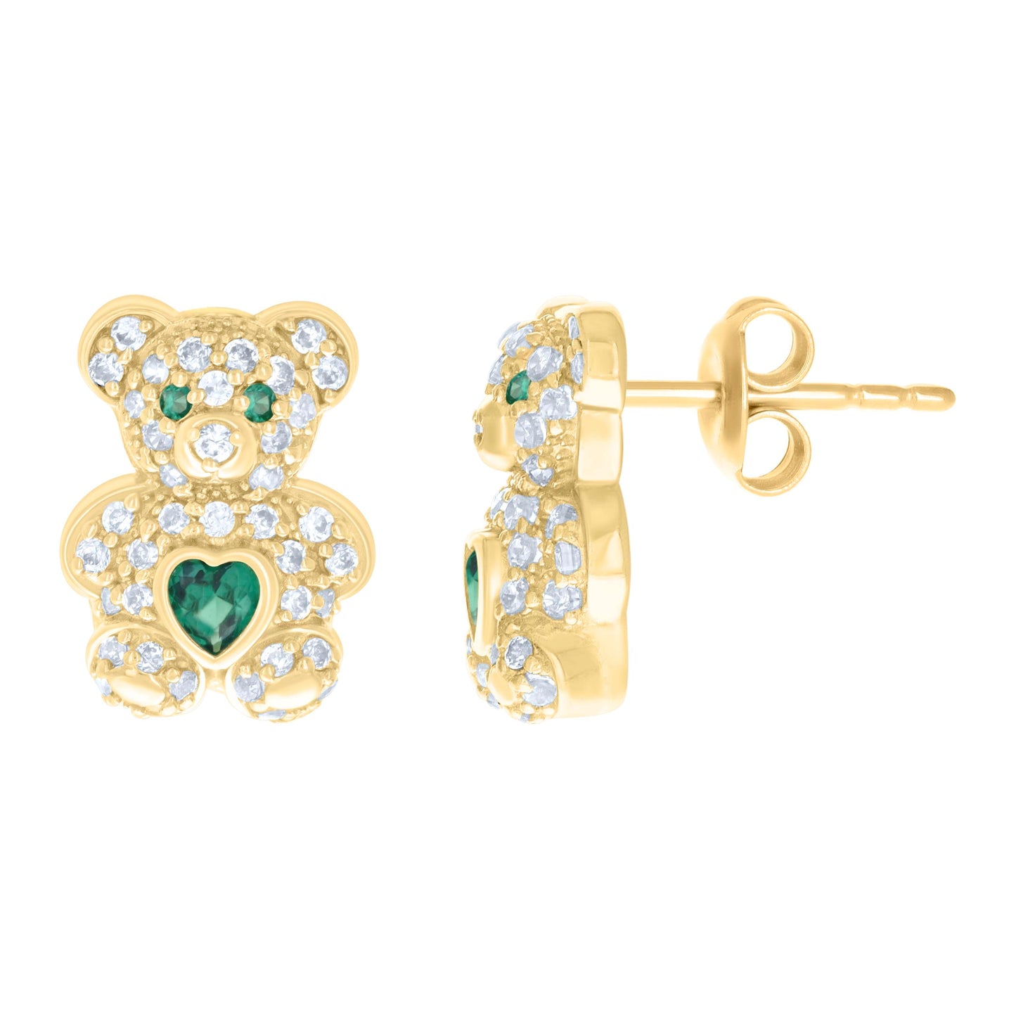 10K Yellow Gold Womens Heart Round Cubic-Zirconia Birthstone Teddy Bear Stud Earrings