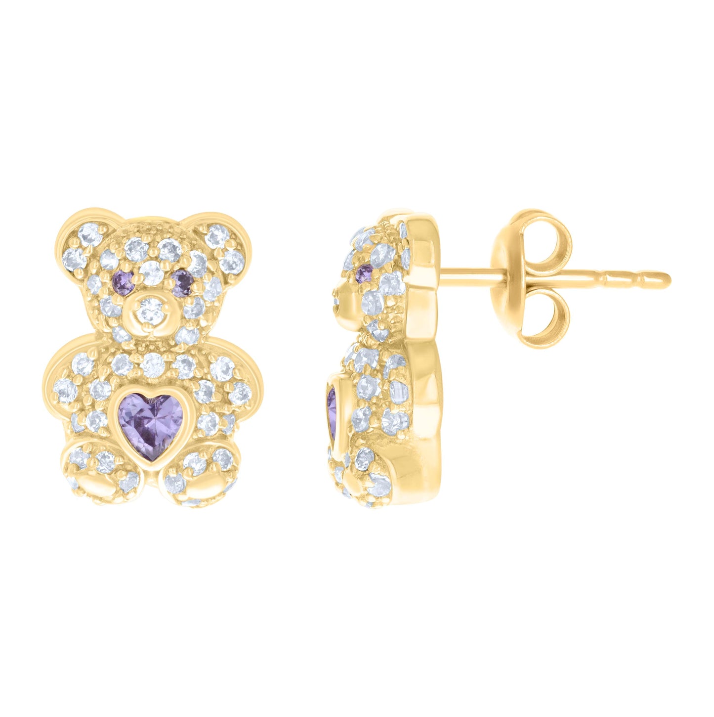10K Yellow Gold Womens Heart Round Cubic-Zirconia Birthstone Teddy Bear Stud Earrings