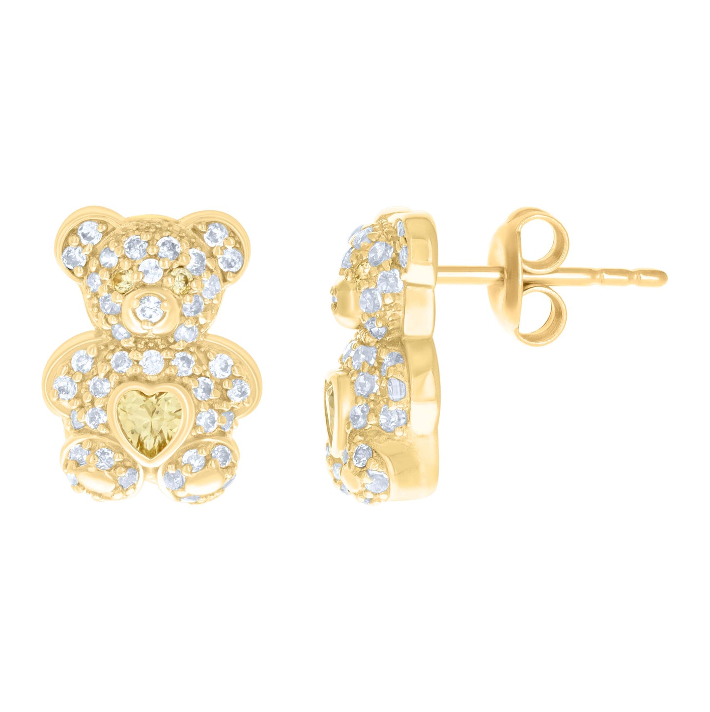 10K Yellow Gold Womens Heart Round Cubic-Zirconia Birthstone Teddy Bear Stud Earrings