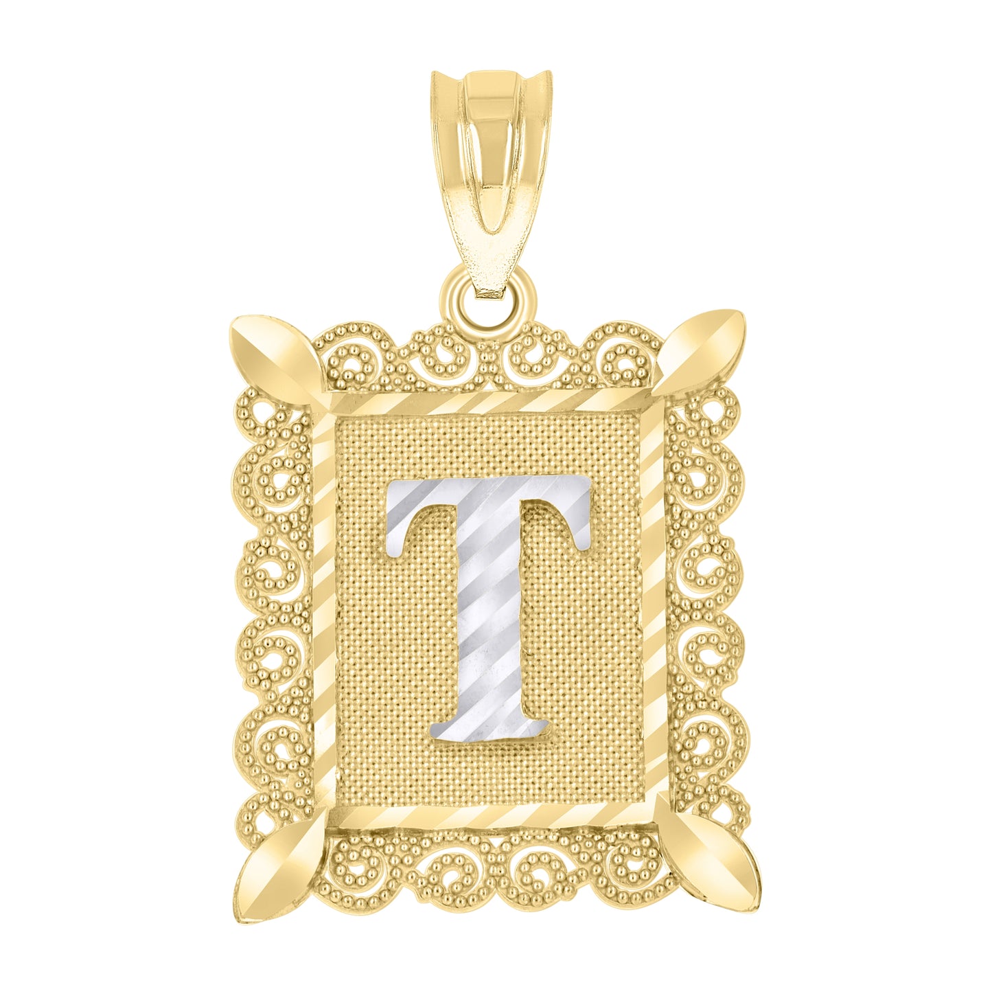 10K Two-Tone Gold Unisex Diamond-Cut Initial Charm Pendant