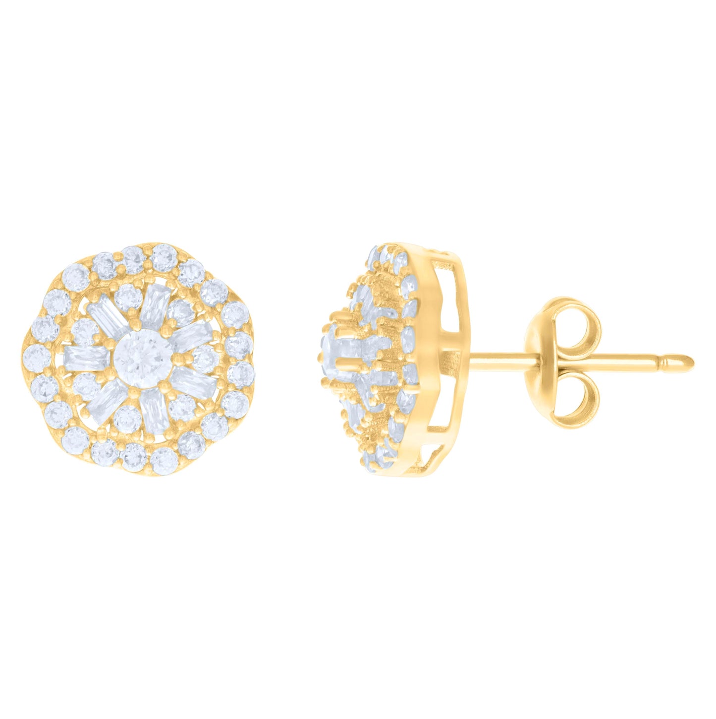 10K Yellow Gold Womens Baguette Round Cubic-Zirconia Octagon Fashion Stud Earrings
