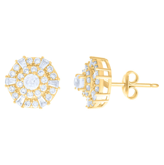 10K Yellow Gold Womens Baguette Round Cubic-Zirconia Fashion Stud Earrings