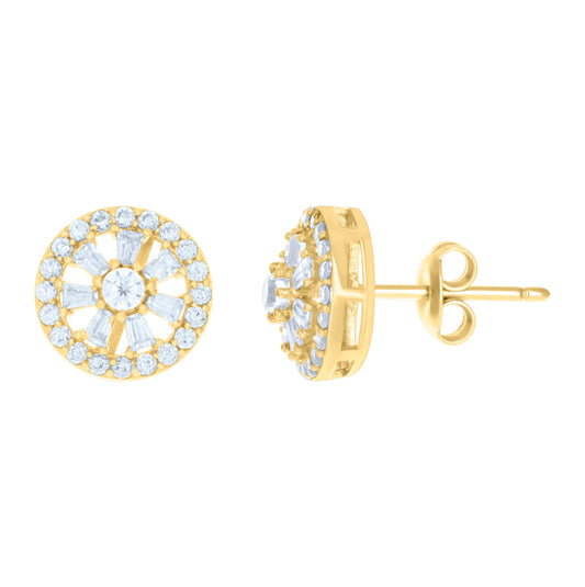 10K Yellow Gold Womens Baguette Round Cubic-Zirconia Fashion Stud Earrings
