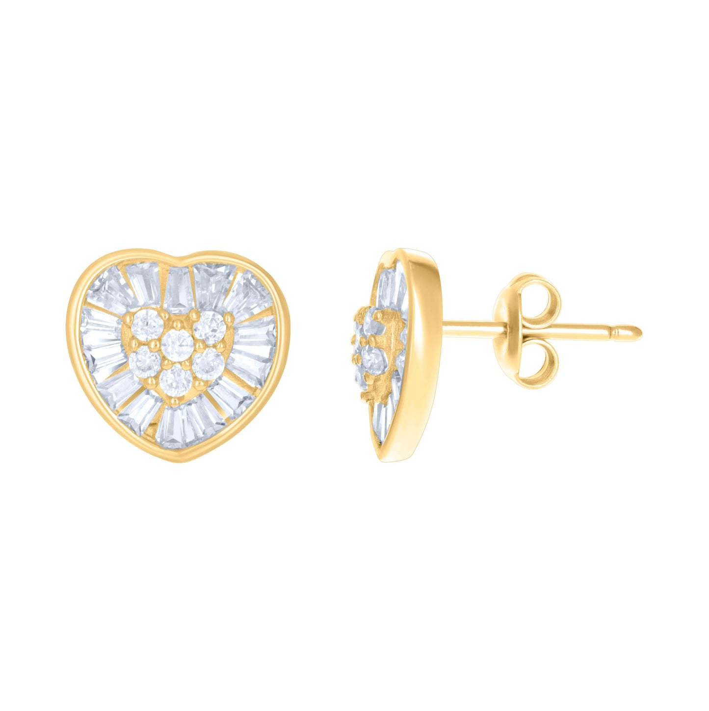 10K Yellow Gold Womens Baguette Round Cubic-Zirconia Heart Stud Earrings