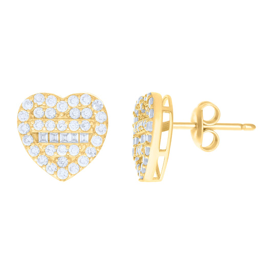 10K Yellow Gold Womens Baguette Round Cubic-Zirconia Heart Stud Earrings