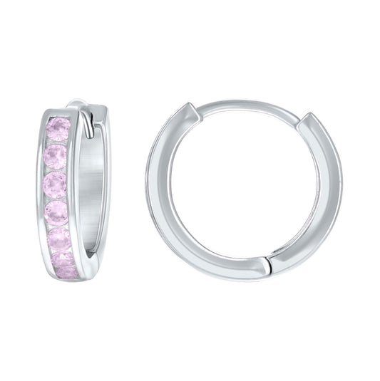 Sterling Silver Womens Pink Cubic-Zirconia Single Row Cubic-Zirconia Hoop Earrings