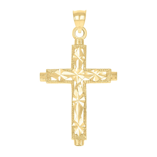 10K Yellow Gold Mens Women Textured Diamond-Cut Cross Religious Charm Pendant