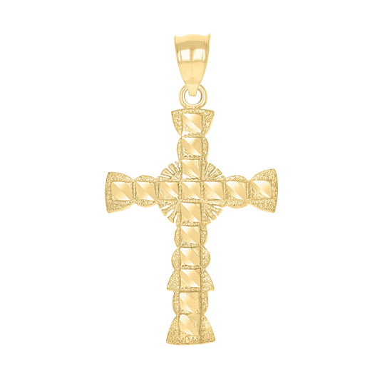 10K Yellow Gold Unisex Textured Budded Cross Religious Charm Pendant