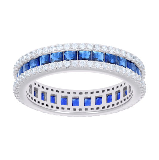Sterling Silver Womens Blue White Princess-cut Round Cubic-Zirconia Eternity Bridal Anniversary Engagement Wedding Band Ring
