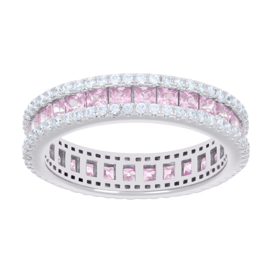 Sterling Silver Womens Pink White Princess-cut Round Cubic-Zirconia Eternity Bridal Anniversary Engagement Wedding Band Ring
