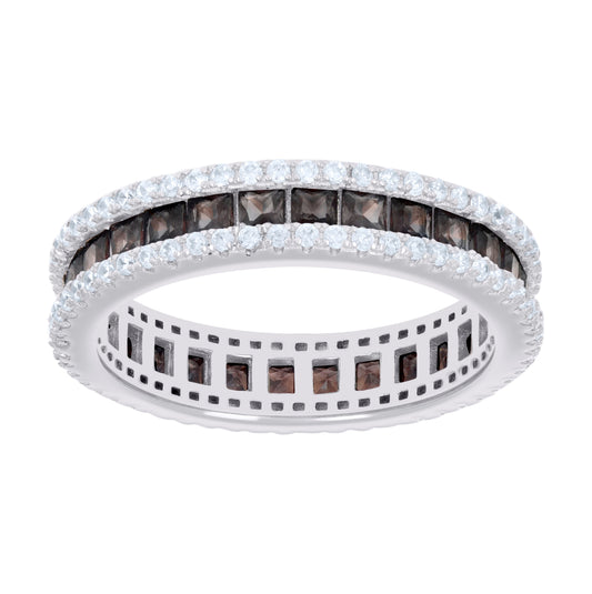 Sterling Silver Womens Brown White Princess-cut Round Cubic-Zirconia Eternity Bridal Anniversary Engagement Wedding Band Ring