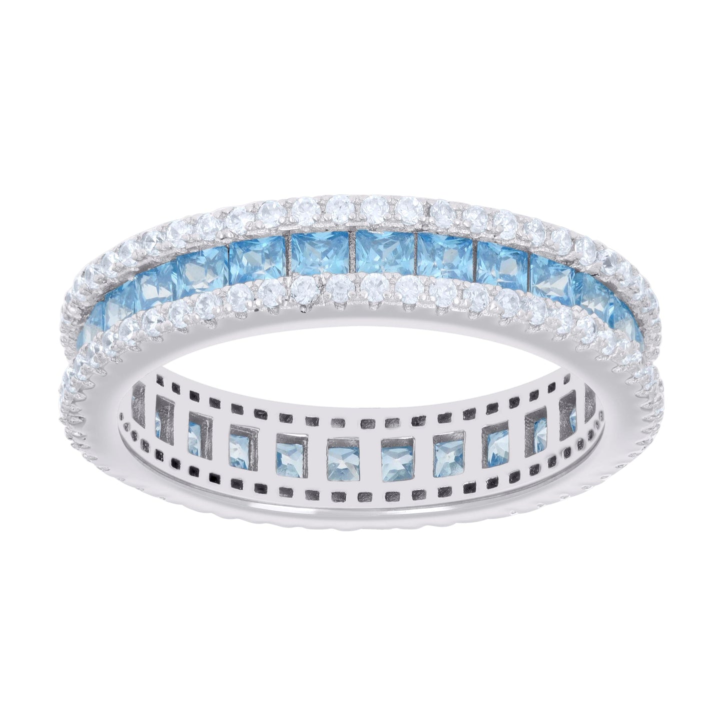 Sterling Silver Womens Sky Blue White Princess-cut Round Cubic-Zirconia Eternity Bridal Anniversary Engagement Wedding Band Ring