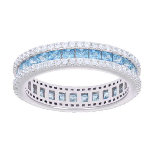Sterling Silver Womens Sky Blue White Princess-cut Round Cubic-Zirconia Eternity Bridal Anniversary Engagement Wedding Band Ring