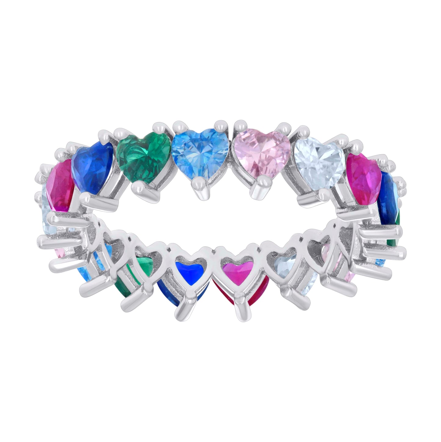 Sterling Silver Womens Multi-Color Heart Cubic-Zirconia Heart Eternity Bridal Anniversary Wedding Engagement Band Ring