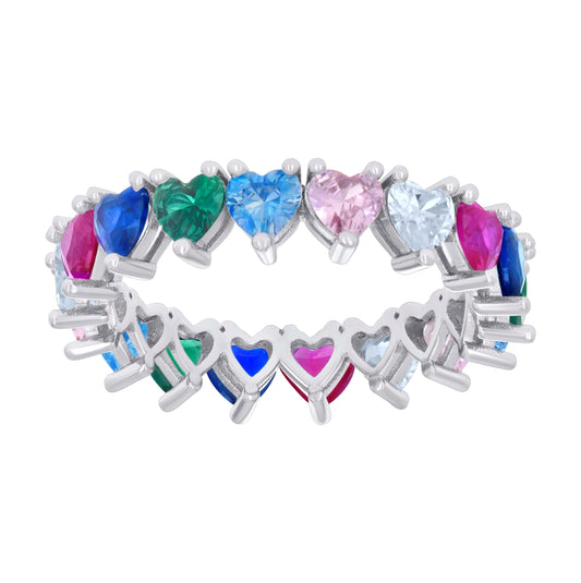 Sterling Silver Womens Multi-Color Heart Cubic-Zirconia Heart Eternity Bridal Anniversary Wedding Engagement Band Ring