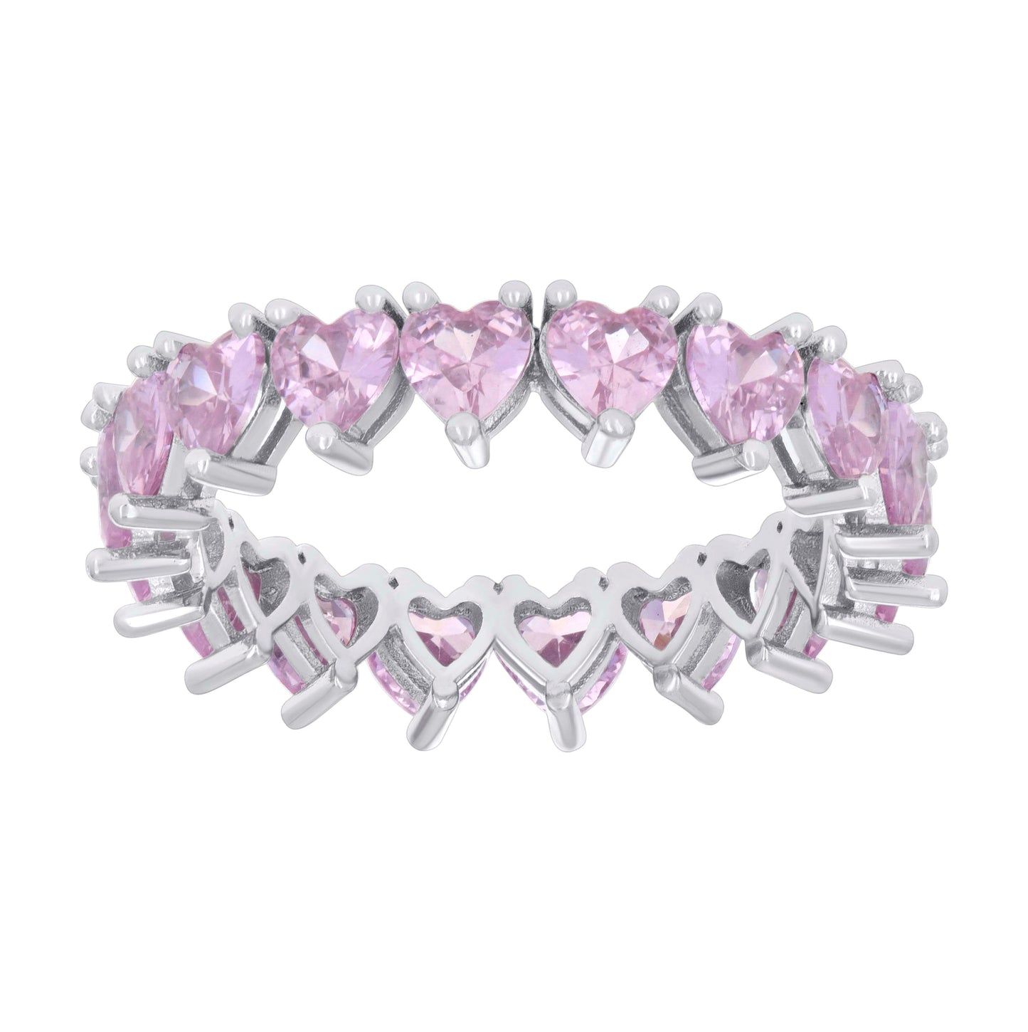 Sterling Silver Womens Pink Heart Cubic-Zirconia Heart Eternity Bridal Anniversary Wedding Engagement Band Ring