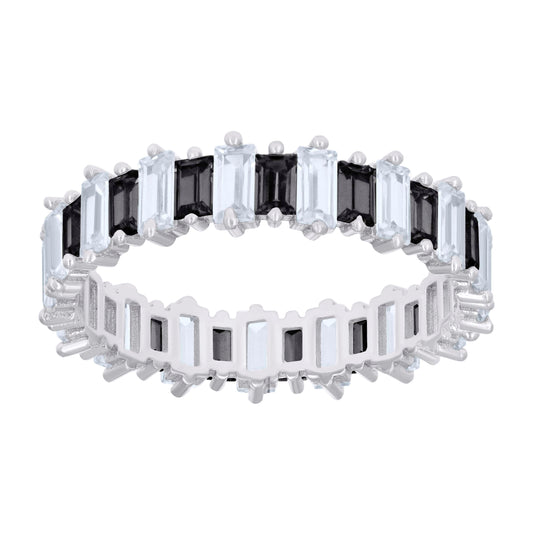 Sterling Silver Womens Baguette Black White Cubic-Zirconia Fashion Bridal Anniversary Wedding Engagement Band Ring