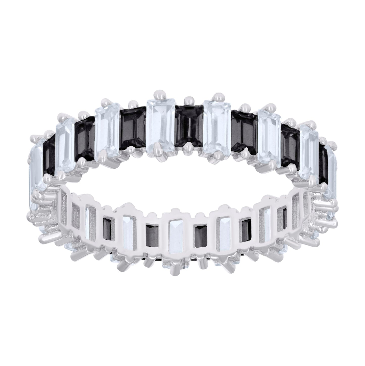 Sterling Silver Womens Baguette Black White Cubic-Zirconia Fashion Bridal Anniversary Wedding Engagement Band Ring