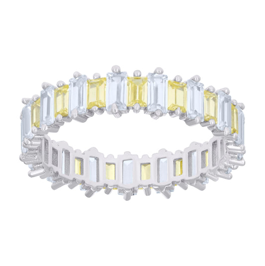Sterling Silver Womens Baguette Yellow White Cubic-Zirconia Fashion Bridal Anniversary Wedding Engagement Band Ring
