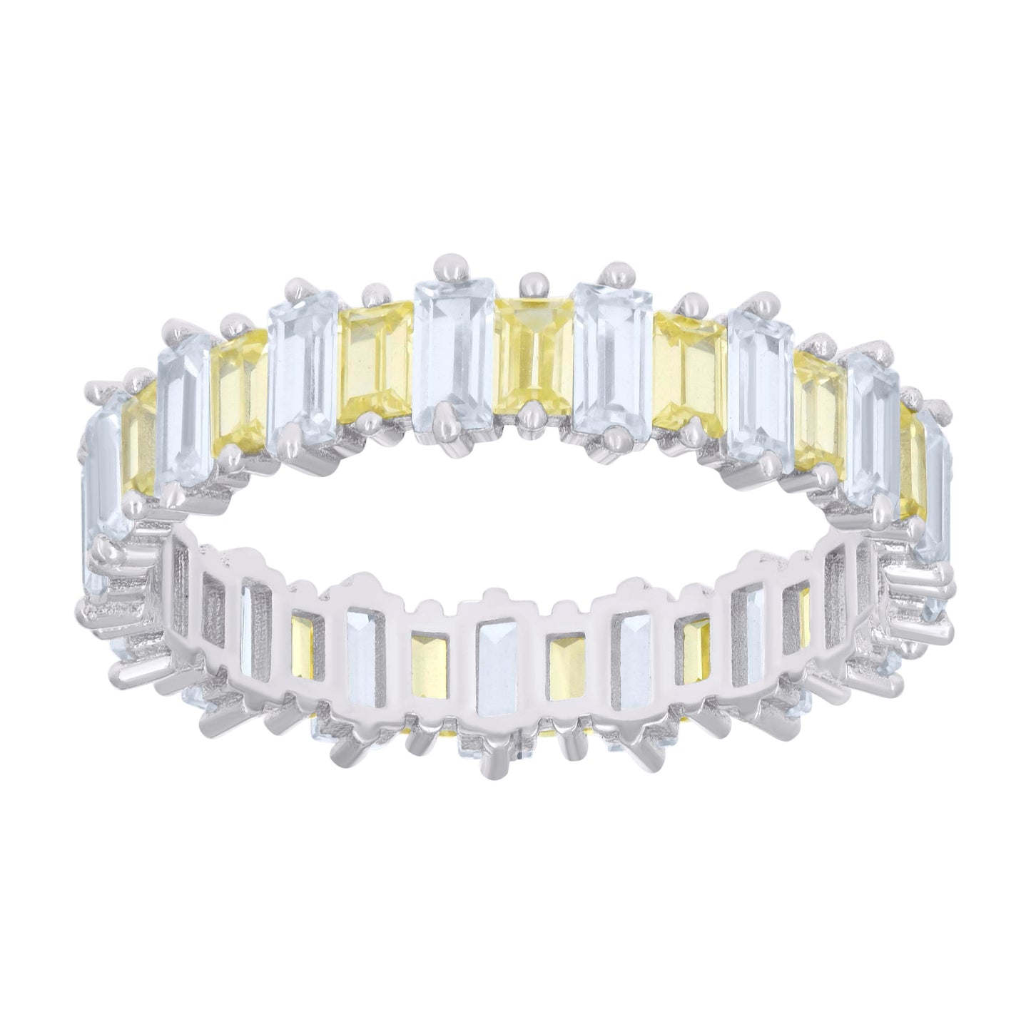 Sterling Silver Womens Baguette Yellow White Cubic-Zirconia Fashion Bridal Anniversary Wedding Engagement Band Ring
