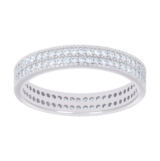 Sterling Silver Womens Cubic-Zirconia Double Row Cubic Zirconia Bridal Anniversary Engagement Wedding Band Ring