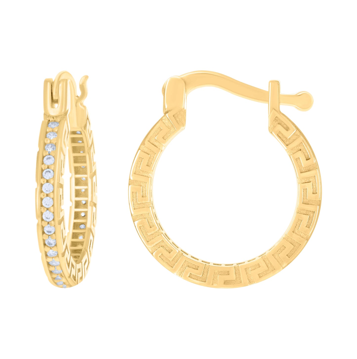 14K Yellow Gold Womens Cubic-Zirconia Greek Key Square Tube Hoop Earrings